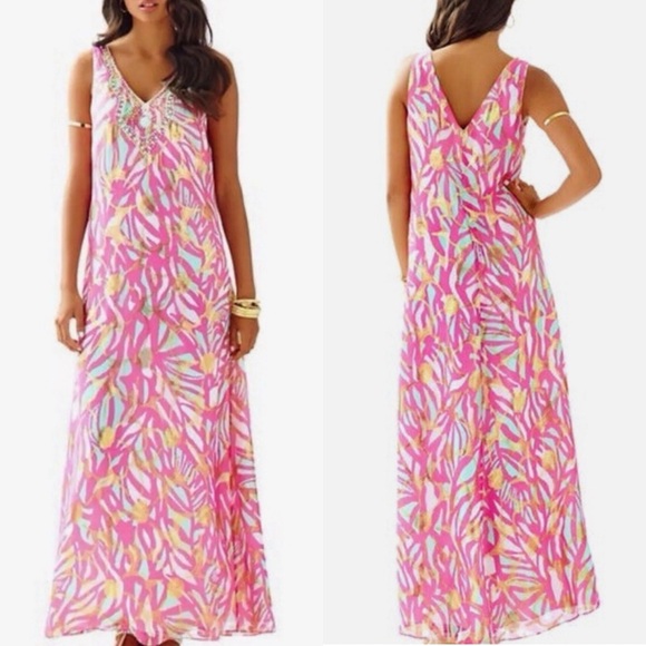 Lilly Pulitzer Dresses & Skirts - LILLY PULITZER Mallory Beaded Silk Maxi Dress Pink Papaya